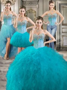 Cheap Four Piece Ball Gowns Quince Ball Gowns Aqua Blue Sweetheart Tulle Sleeveless Floor Length Lace Up