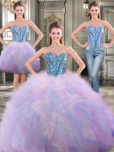 Most Popular Three Piece Sweetheart Sleeveless Quinceanera Dress Floor Length Beading and Ruffles Multi-color Tulle