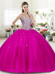 Fuchsia Sleeveless Floor Length Beading Lace Up Quinceanera Dress
