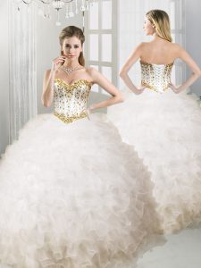 White Organza Lace Up Quinceanera Court Dresses Sleeveless Floor Length Ruffles