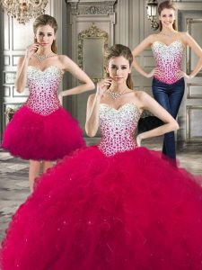 Three Piece Sleeveless Beading and Ruffles Lace Up Ball Gown Prom Dress
