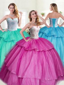 Colorful Ruffled Fuchsia Sleeveless Tulle Lace Up Quinceanera Gown for Military Ball and Sweet 16 and Quinceanera