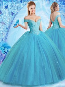 Off the Shoulder Teal Tulle Lace Up Sweet 16 Dress Sleeveless With Brush Train Beading