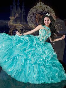 Fitting Aqua Blue Vestidos de Quinceanera Military Ball and Sweet 16 and Quinceanera and For with Beading and Appliques and Pick Ups Bateau Sleeveless Lace Up