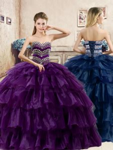 Floor Length Purple Quince Ball Gowns Organza Sleeveless Beading and Ruffled Layers