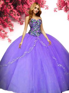 Lovely Lavender Tulle Lace Up Sweetheart Sleeveless Floor Length Ball Gown Prom Dress Beading