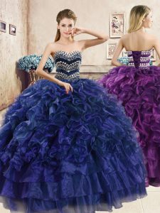 Adorable Navy Blue Sleeveless Organza Lace Up Quinceanera Gown for Military Ball and Sweet 16 and Quinceanera