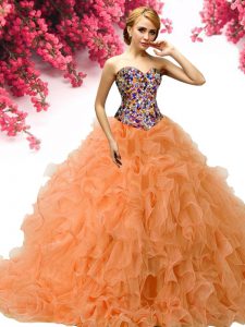 Lovely Orange Sleeveless Beading and Ruffles Floor Length Quinceanera Gown