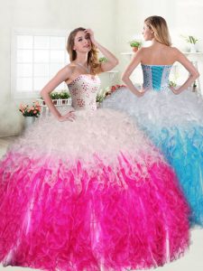 Delicate Pink And White Organza Lace Up Quinceanera Gowns Sleeveless Floor Length Beading and Ruffles
