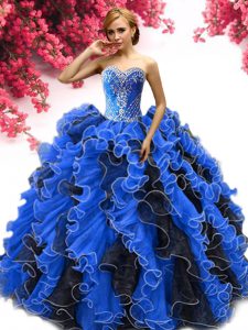 Fine Sleeveless Organza Lace Up 15th Birthday Dress in Blue And Black with Beading and Ruffles