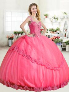 Wonderful Hot Pink Halter Top Lace Up Beading and Appliques Vestidos de Quinceanera Sleeveless