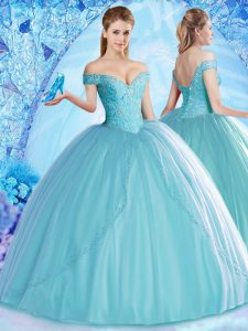 Classical Off the Shoulder Aqua Blue Ball Gowns Beading Quinceanera Gowns Lace Up Tulle Sleeveless Floor Length