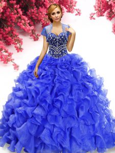 Royal Blue Ball Gowns Organza Sweetheart Sleeveless Beading and Ruffles Floor Length Lace Up Quinceanera Gown
