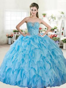 Glorious Sleeveless Floor Length Beading Lace Up Quince Ball Gowns with Baby Blue