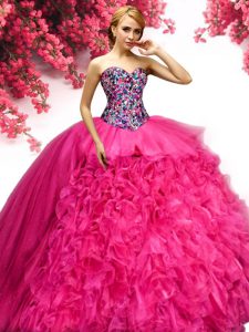Floor Length Hot Pink Vestidos de Quinceanera Sweetheart Sleeveless Lace Up
