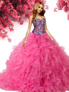 Traditional Sleeveless Floor Length Beading and Ruffles Lace Up Sweet 16 Dresses with Hot Pink