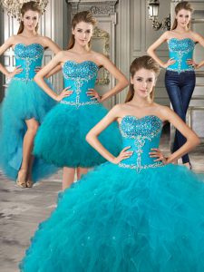 Most Popular Four Piece Sweetheart Sleeveless Lace Up Quinceanera Dress Teal Tulle