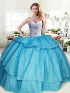 Stylish Ruffled Ball Gowns Quince Ball Gowns Aqua Blue Sweetheart Tulle Sleeveless Floor Length Lace Up