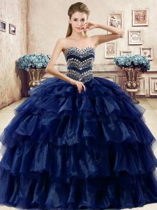 Sleeveless Organza Floor Length Lace Up Quinceanera Dress in Navy Blue with Ruffled Layers