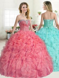 Sleeveless Organza Floor Length Lace Up Sweet 16 Dress in Watermelon Red with Beading and Ruffles