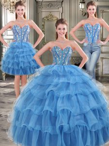 Three Piece Blue Lace Up Ball Gown Prom Dress Beading and Ruffled Layers Sleeveless Floor Length