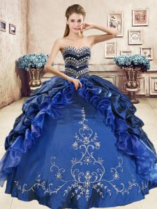 Floor Length Navy Blue Ball Gown Prom Dress Organza and Taffeta Sleeveless Beading and Embroidery and Pick Ups