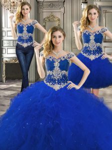Discount Three Piece Off the Shoulder Sleeveless Floor Length Beading and Ruffles Lace Up Quinceanera Gowns with Royal Blue