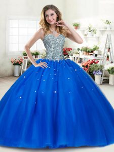 Royal Blue Ball Gowns Tulle Sweetheart Sleeveless Beading Floor Length Lace Up Quince Ball Gowns