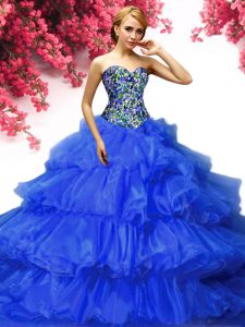 Sweet Floor Length Lace Up Quinceanera Gown Royal Blue for Military Ball and Sweet 16 and Quinceanera with Beading and Ruffled Layers
