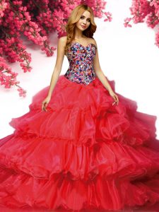 Red Sleeveless With Train Beading and Ruffled Layers Lace Up Quince Ball Gowns