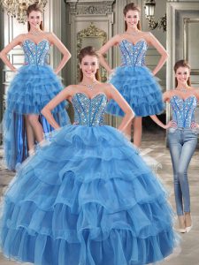 Four Piece Beading and Ruffled Layers Ball Gown Prom Dress Blue Lace Up Sleeveless Floor Length