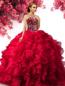 On Sale Red Sleeveless Floor Length Beading and Ruffles Lace Up 15 Quinceanera Dress