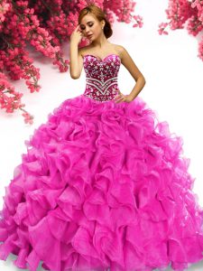 Sleeveless Organza Sweep Train Lace Up Quinceanera Dress in Hot Pink with Beading and Ruffles