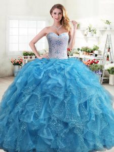 Customized Ball Gowns Ball Gown Prom Dress Baby Blue Sweetheart Organza Sleeveless Floor Length Lace Up