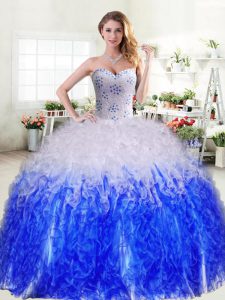 Blue And White Organza Lace Up Quinceanera Dresses Sleeveless Floor Length Beading and Ruffles