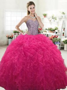 Vintage Floor Length Hot Pink Sweet 16 Dress Tulle Sleeveless Beading and Ruffles