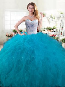 Custom Designed Sleeveless Tulle Floor Length Lace Up Vestidos de Quinceanera in Teal with Beading and Ruffles