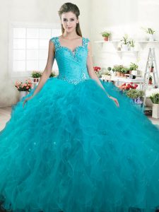 Top Selling Straps Teal Sleeveless Beading and Ruffles Floor Length Quinceanera Gowns