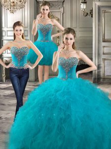 Ideal Three Piece Ruffles Ball Gown Prom Dress Teal Lace Up Sleeveless Floor Length