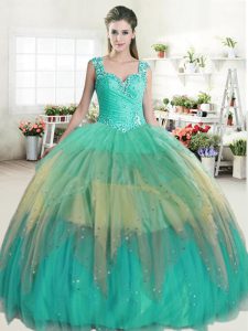 Glamorous Straps Sleeveless Tulle Floor Length Zipper Quinceanera Dress in Multi-color with Ruffled Layers