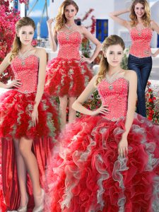 New Arrival Four Piece Beading 15 Quinceanera Dress White And Red Lace Up Sleeveless Floor Length
