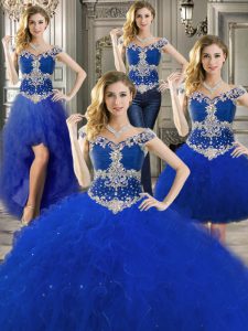 Exquisite Three Piece Off the Shoulder Beading and Ruffles Quinceanera Gowns Royal Blue Zipper Sleeveless Floor Length
