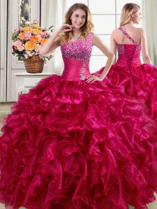 Colorful Fuchsia Organza Lace Up One Shoulder Sleeveless Floor Length 15 Quinceanera Dress Beading and Ruffles