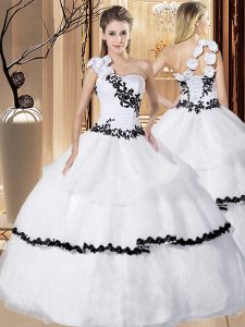 Nice Floor Length White Quince Ball Gowns One Shoulder Sleeveless Lace Up