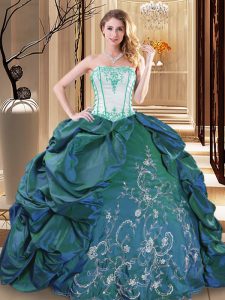 Superior Turquoise 15th Birthday Dress Military Ball and Sweet 16 and Quinceanera and For with Embroidery and Pick Ups Strapless Sleeveless Lace Up