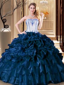 Floor Length Lace Up 15 Quinceanera Dress Navy Blue for Military Ball and Sweet 16 and Quinceanera with Pick Ups
