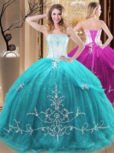 Aqua Blue Lace Up Quinceanera Dresses Embroidery Sleeveless Floor Length