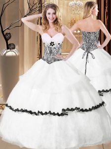 High Class White Organza Lace Up Quinceanera Gown Sleeveless Floor Length Ruffled Layers and Pattern