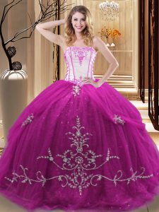Fantastic Fuchsia Ball Gowns Embroidery Sweet 16 Dress Lace Up Tulle Sleeveless Floor Length