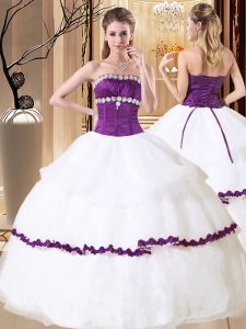 Modern Organza Strapless Sleeveless Lace Up Beading and Embroidery and Ruffled Layers Quinceanera Gown in White